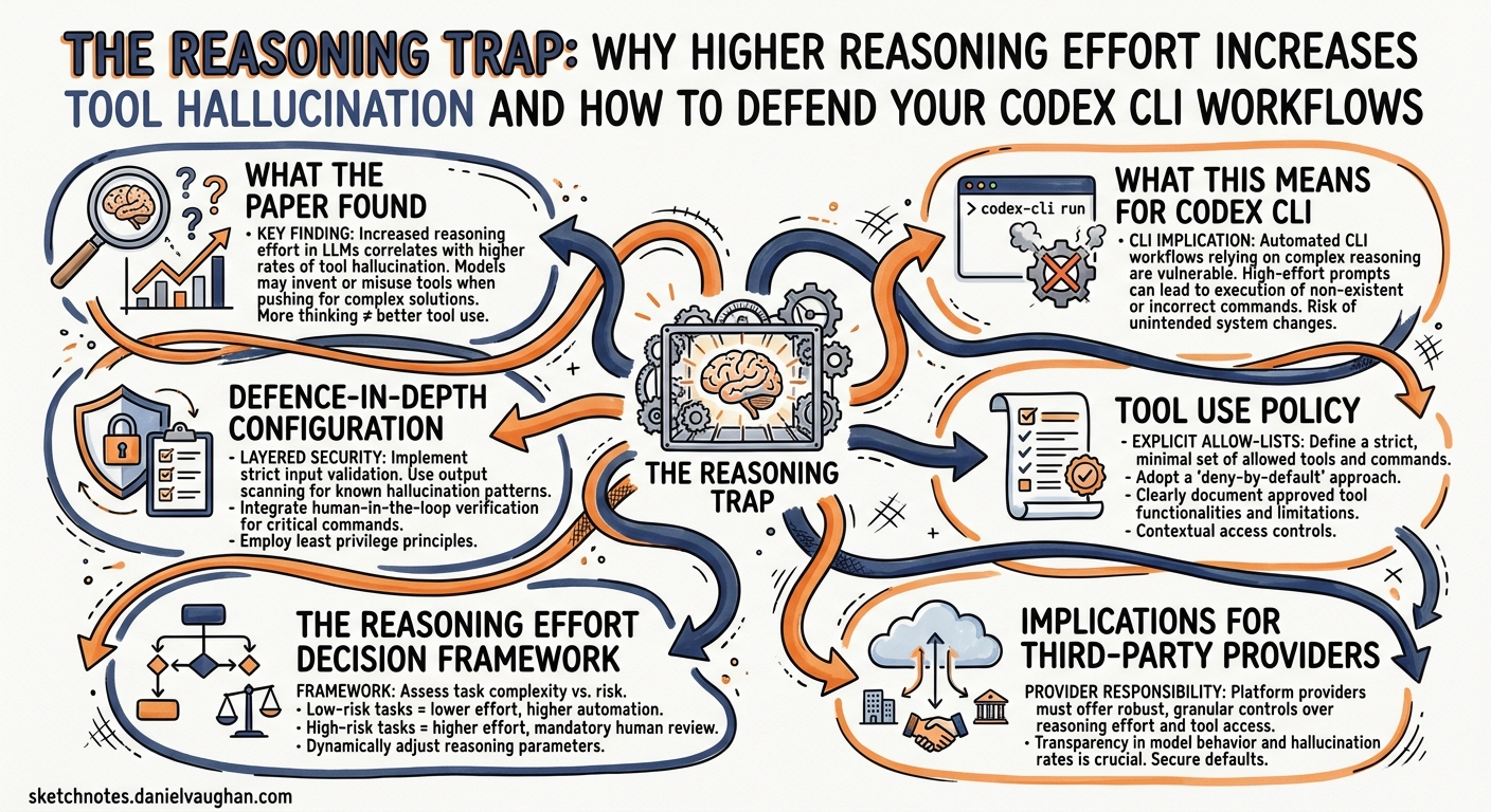 Sketchnote diagram for: The Reasoning Trap: Why Higher Reasoning Effort Increases Tool Hallucination and How to Defend Your Codex CLI Workflows