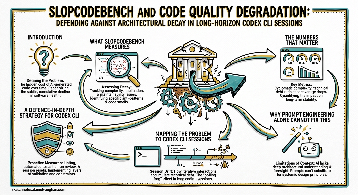 Sketchnote diagram for: SlopCodeBench and Code Quality Degradation: Defending Against Architectural Decay in Long-Horizon Codex CLI Sessions