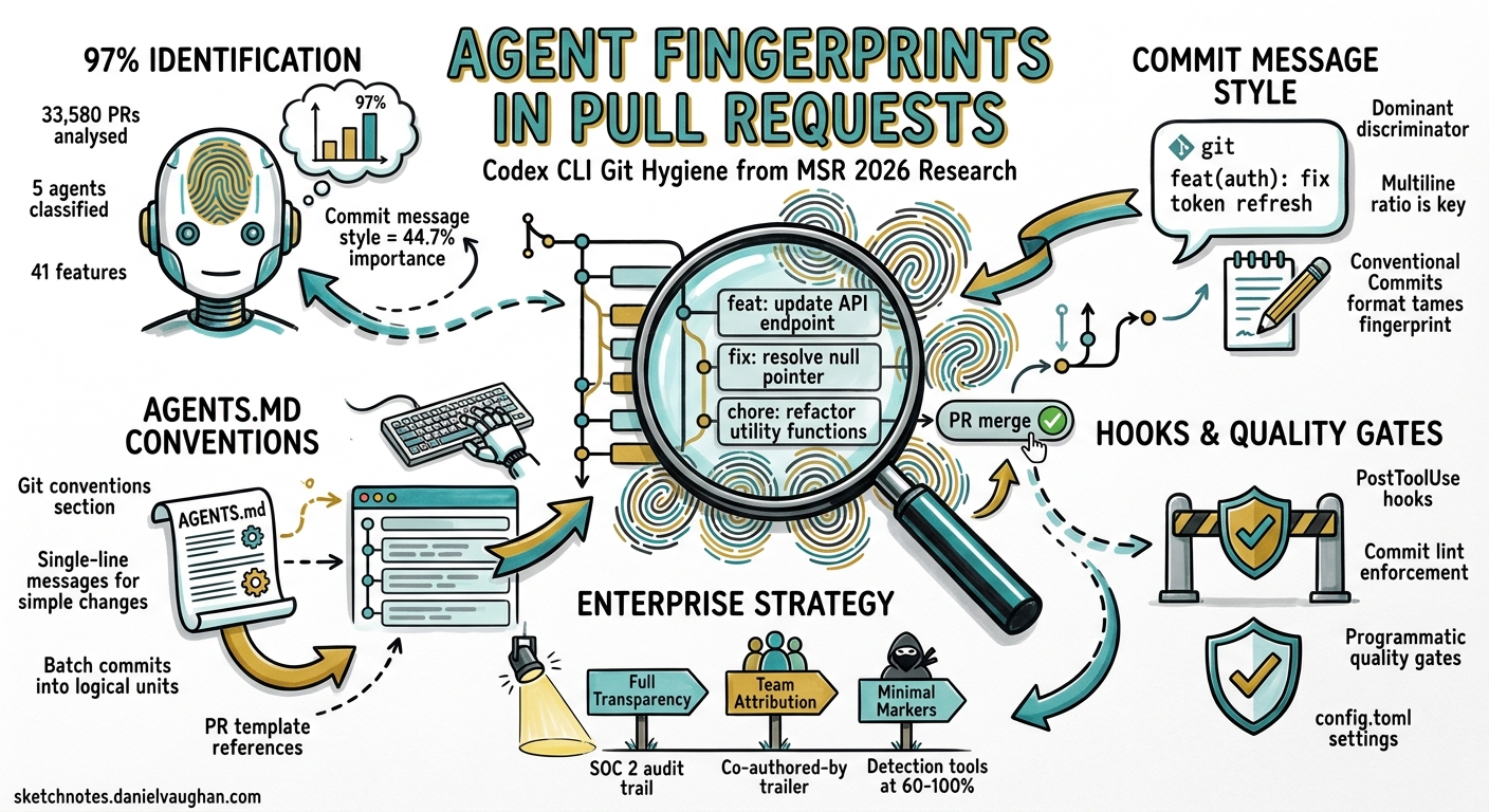 Sketchnote diagram for: Agent Fingerprints in Pull Requests: What MSR 2026 Research Reveals and How to Configure Codex CLI for Professional Git Hygiene