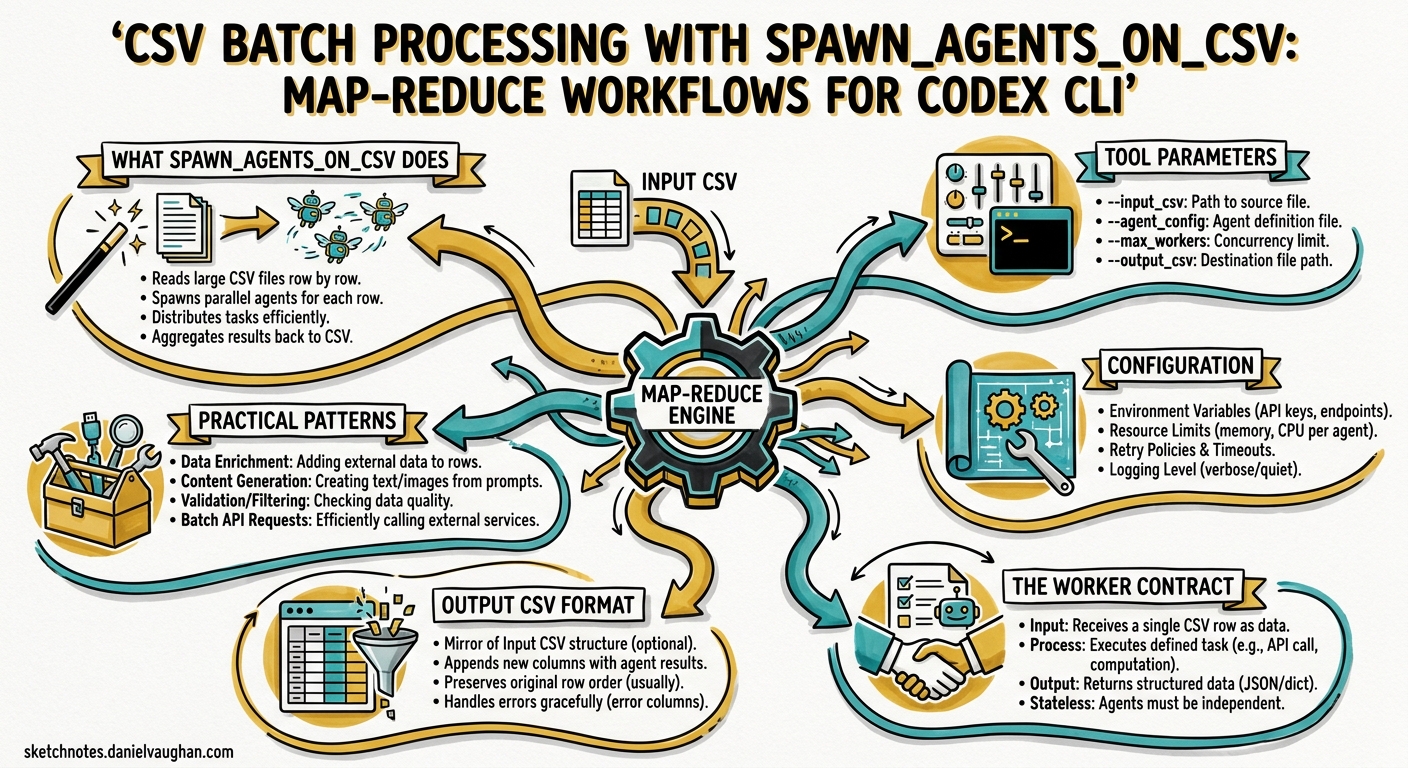 Sketchnote diagram for: CSV Batch Processing with spawn_agents_on_csv: Map-Reduce Workflows for Codex CLI