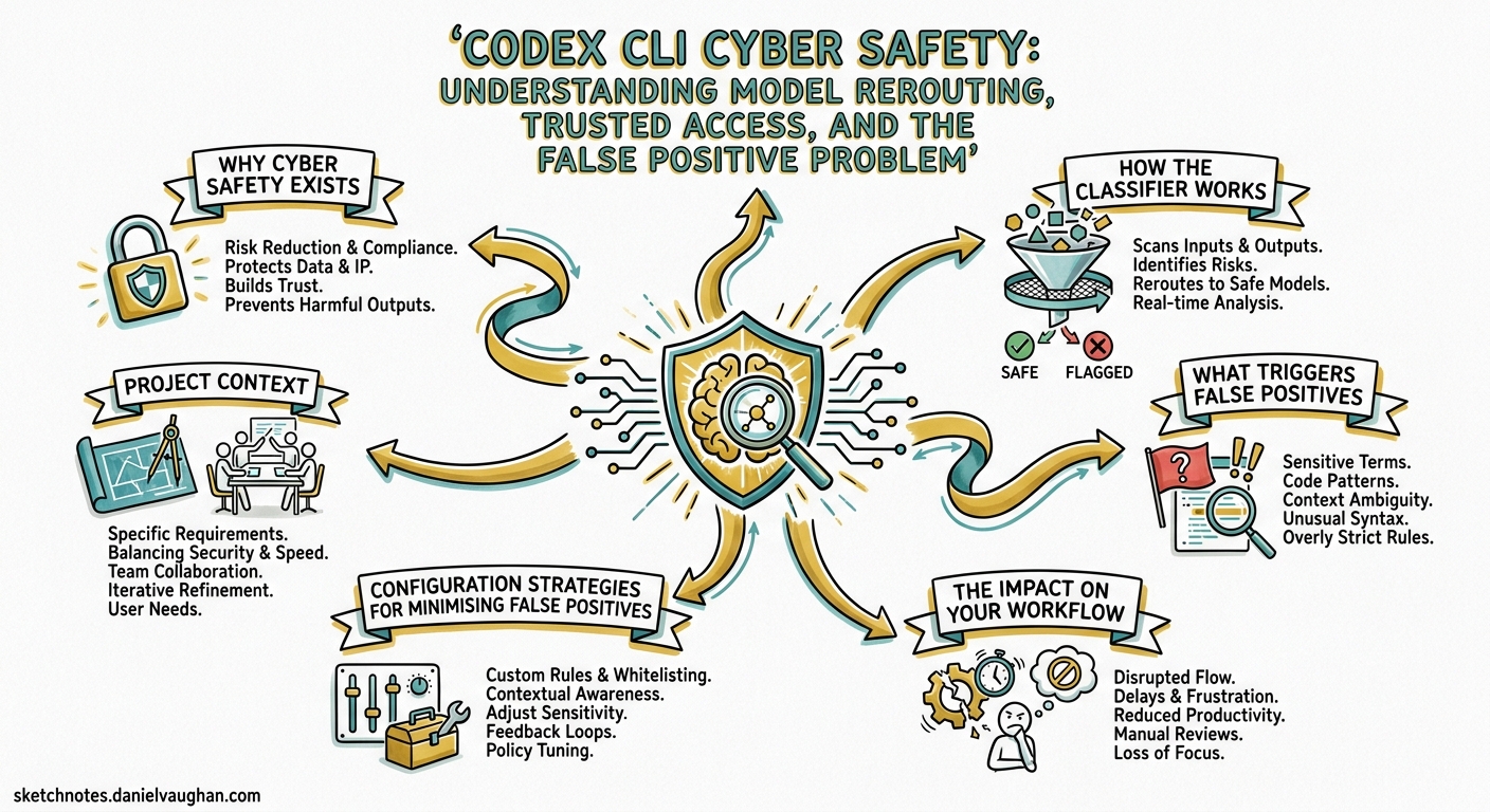 Sketchnote diagram for: Codex CLI Cyber Safety: Understanding Model Rerouting, Trusted Access, and the False Positive Problem