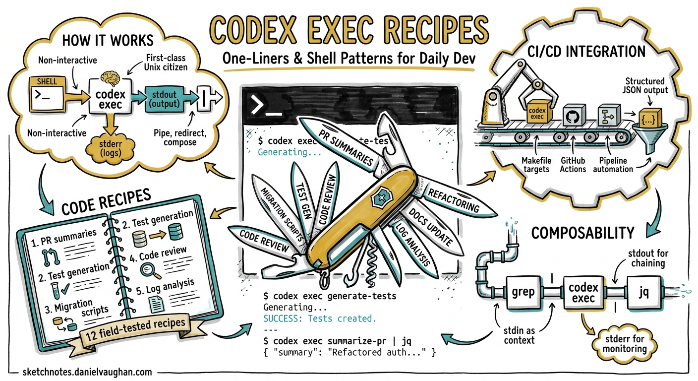 Sketchnote diagram for: Codex CLI exec Recipes: Practical One-Liners and Shell Patterns for Daily Development