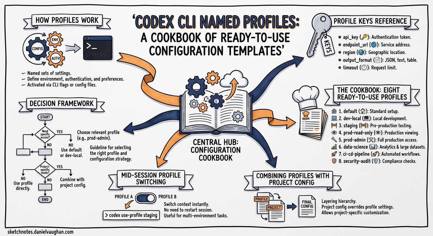Sketchnote diagram for: Codex CLI Named Profiles: A Cookbook of Ready-to-Use Configuration Templates