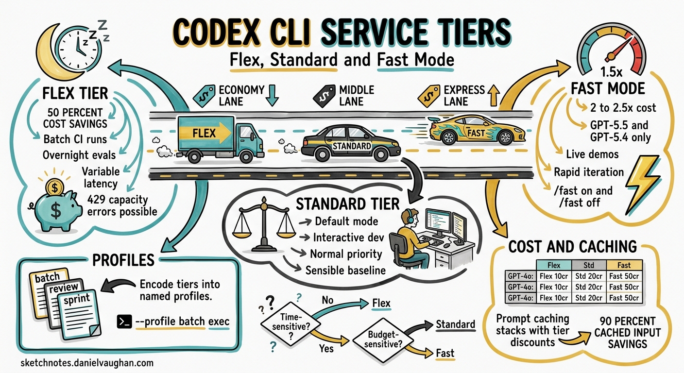 Sketchnote diagram for: Codex CLI Service Tiers Explained: Flex, Standard, and Fast Mode for Cost and Speed Optimisation
