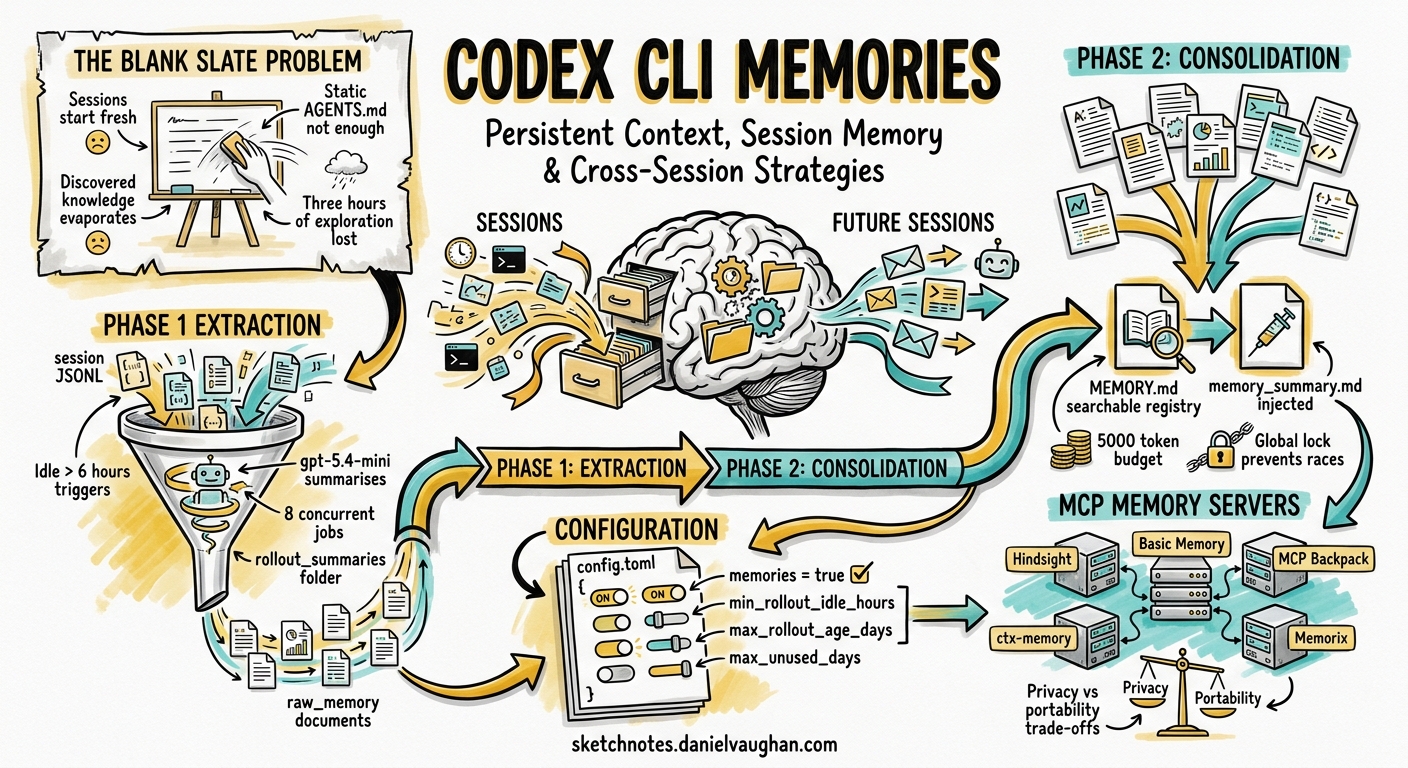 Sketchnote diagram for: Codex CLI Memories: Native Session Persistence, Third-Party Memory MCP Servers, and Cross-Session Context Strategies