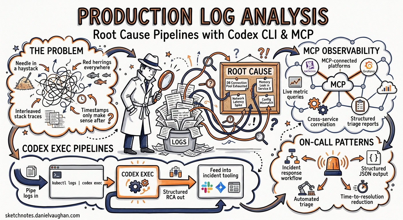 Sketchnote diagram for: Codex CLI for Production Log Analysis: Root Cause Pipelines with codex exec, MCP Observability Servers, and Structured Triage Reports
