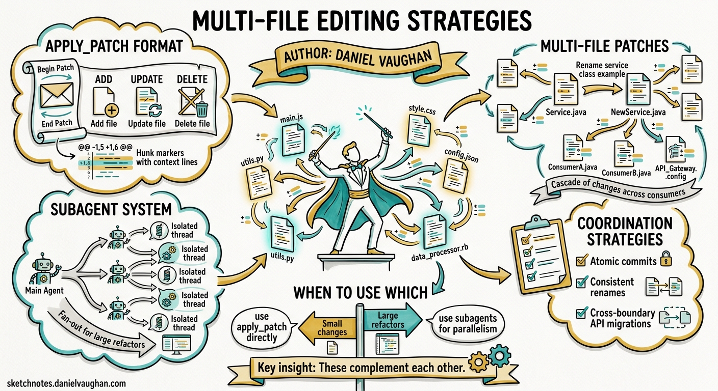 Sketchnote diagram for: Codex CLI Multi-File Editing Strategies: Coordinating Changes Across Large Pull Requests with apply_patch and Subagents