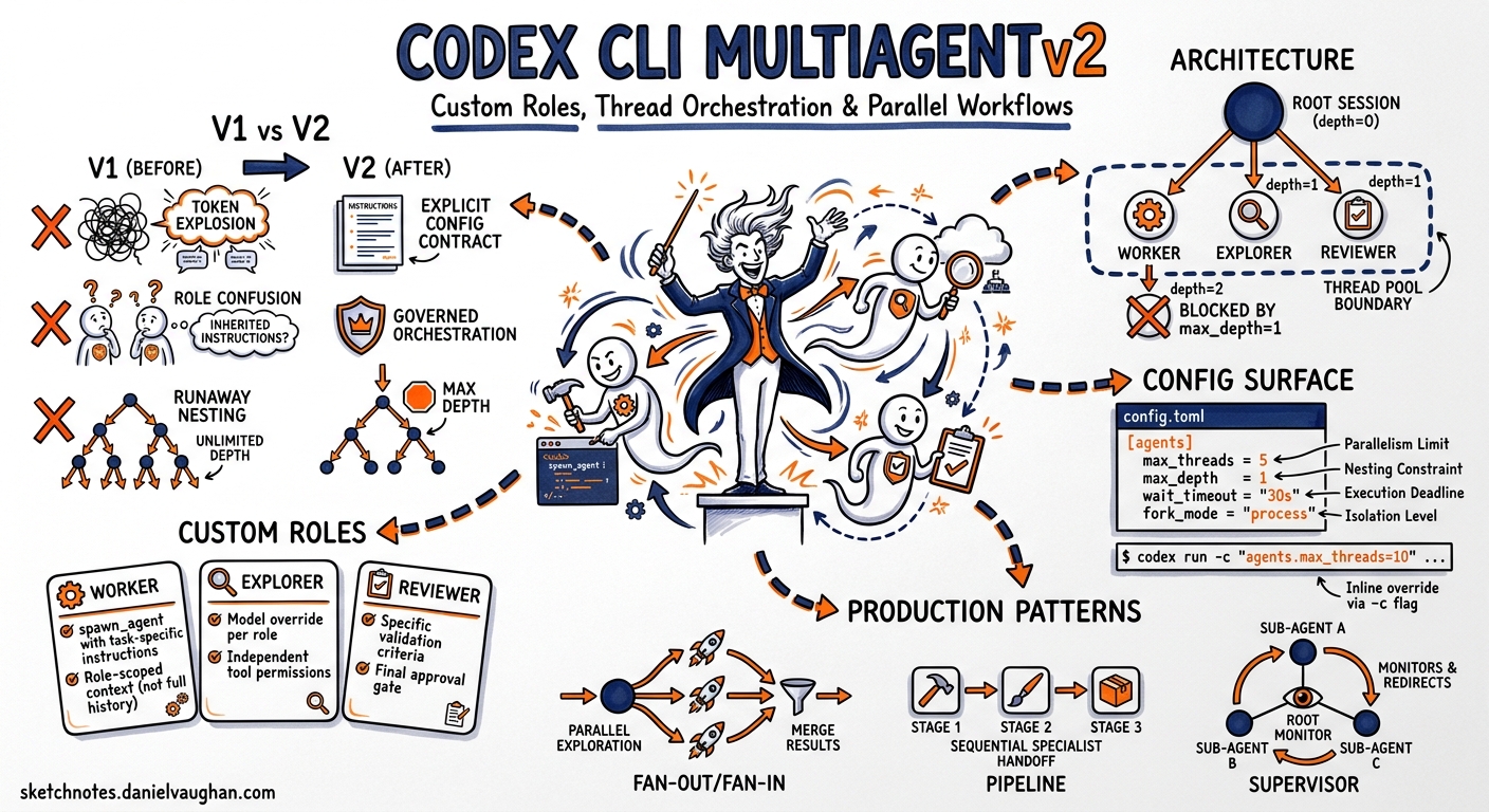 Sketchnote diagram for: Codex CLI MultiAgentV2: Custom Roles, Thread Orchestration, and Production Parallel Workflows