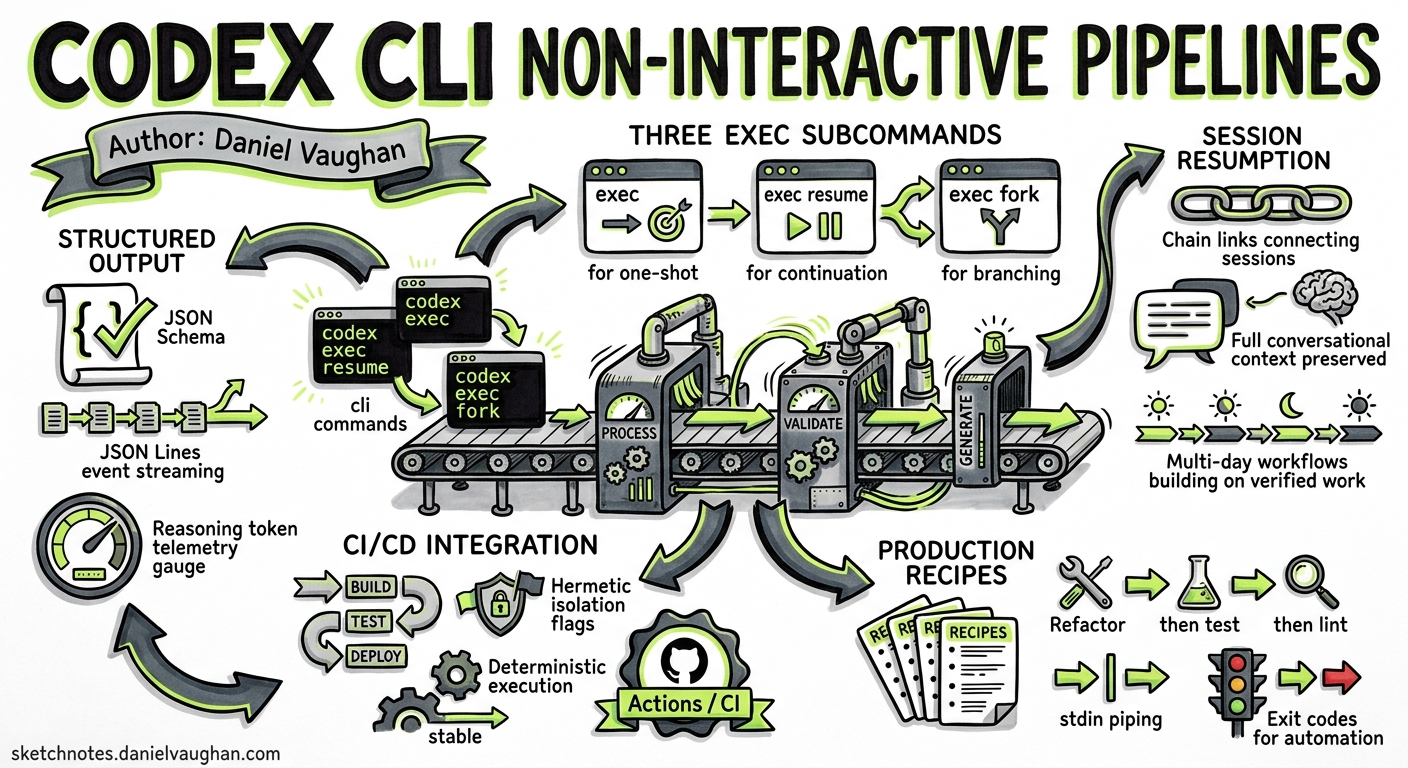 Sketchnote diagram for: Codex CLI Non-Interactive Pipelines: Production Automation with exec, resume, and Structured Output