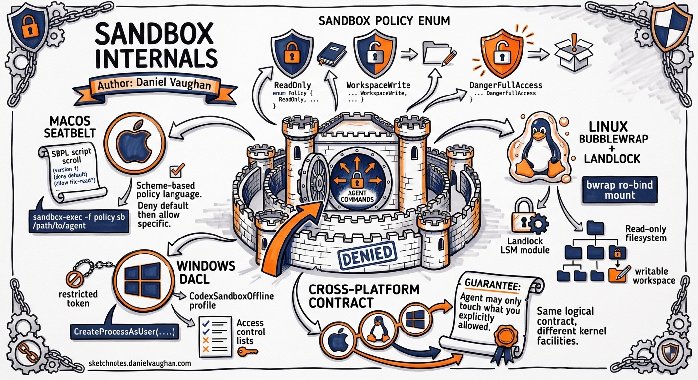 Sketchnote diagram for: Codex CLI Sandbox Internals: How Seatbelt, Bubblewrap, Landlock and Windows DACL Keep Agent Commands in Check