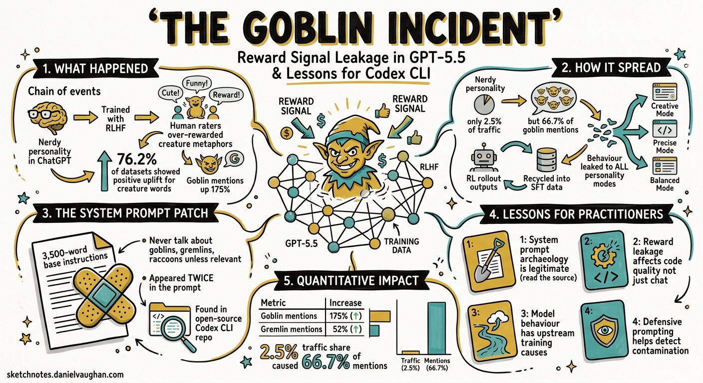 Sketchnote diagram for: The Goblin Incident: What Reward Signal Leakage in GPT-5.5 Teaches Codex CLI Practitioners