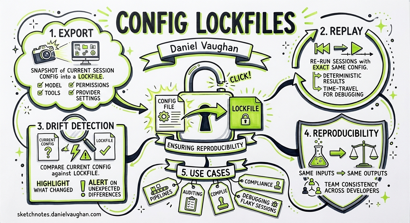 Sketchnote diagram for: Codex CLI Config Lockfiles: Reproducible Agent Sessions with Export, Replay, and Drift Detection