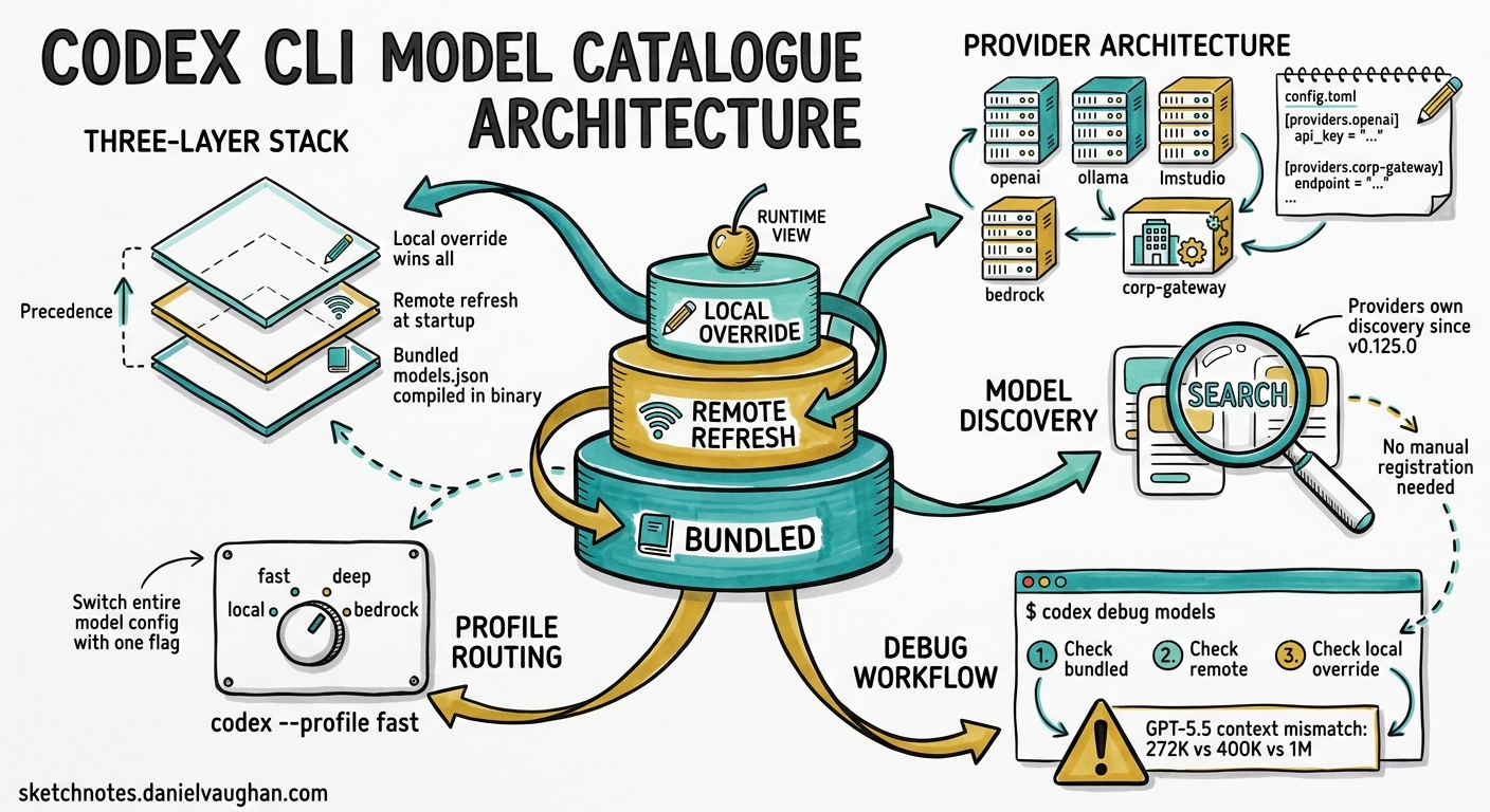 Sketchnote diagram for: Codex CLI Model Catalogue Architecture: Providers, Discovery, and Debugging Model Resolution