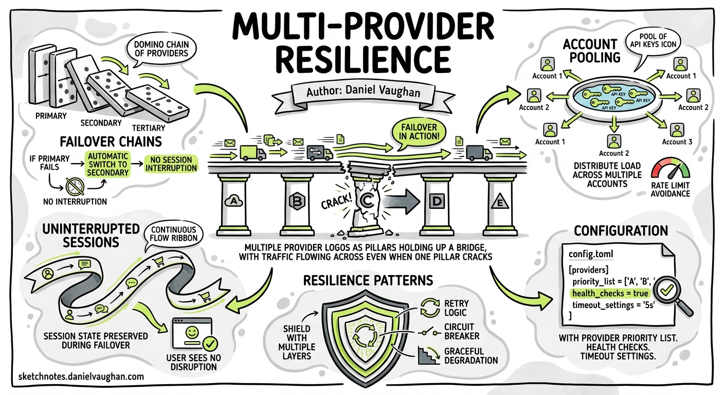 Sketchnote diagram for: Codex CLI Multi-Provider Resilience: Failover Chains, Account Pooling, and the Art of Uninterrupted Agent Sessions