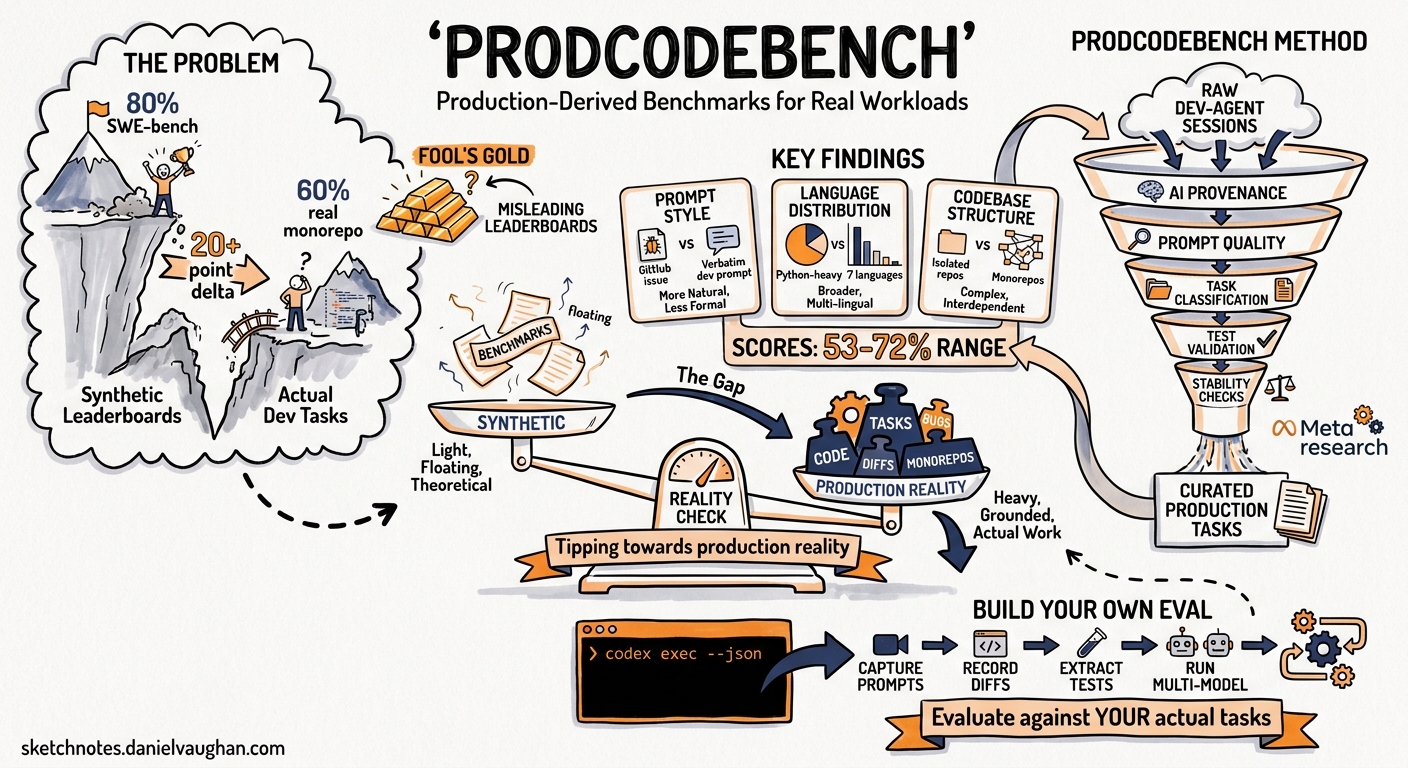 Sketchnote diagram for: ProdCodeBench and Production-Derived Evaluation: Why Synthetic Benchmarks Mislead and How to Evaluate Codex CLI Against Real Workloads