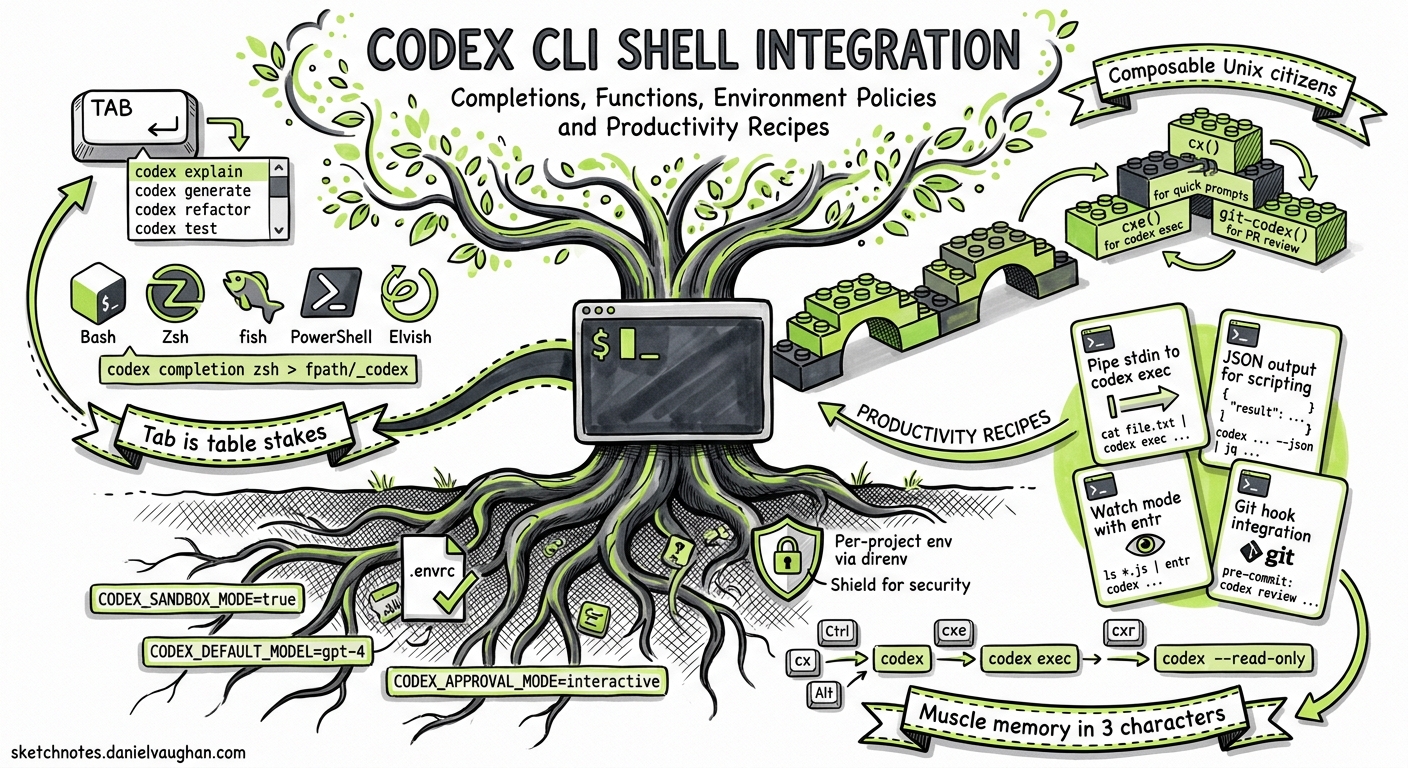 Sketchnote diagram for: Codex CLI Shell Integration: Completions, Functions, Environment Policies and Productivity Recipes
