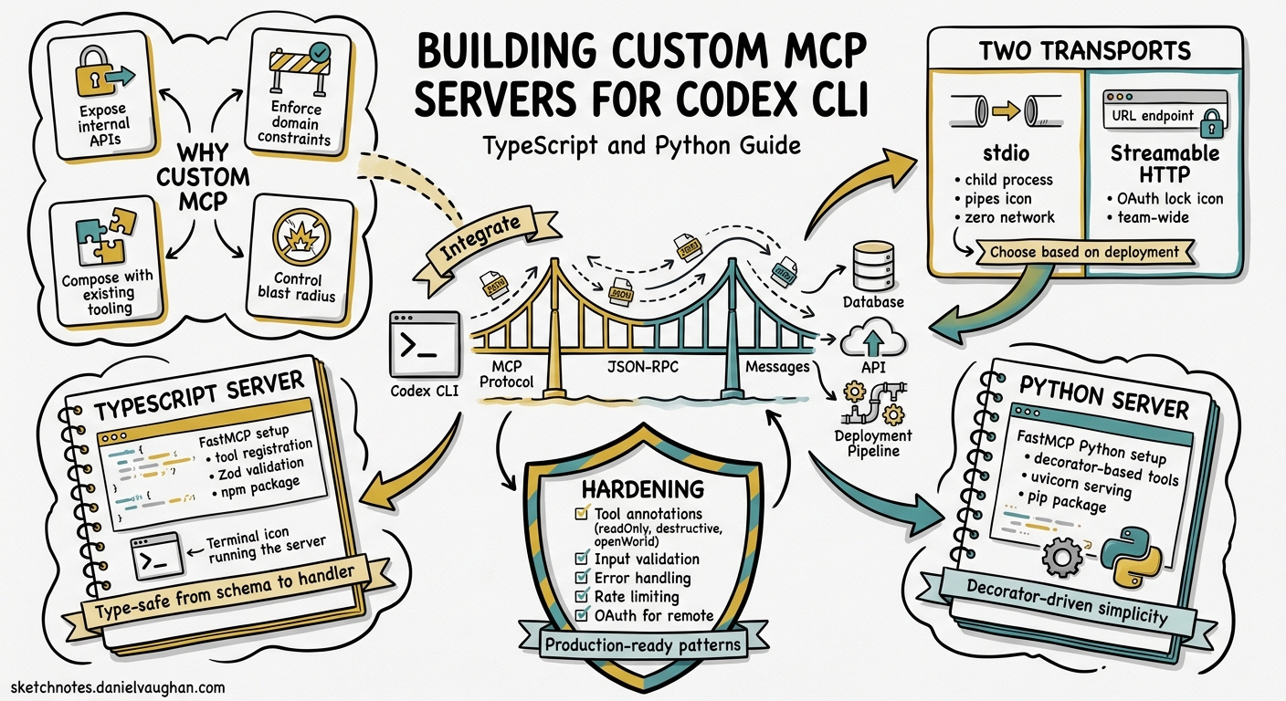 Sketchnote diagram for: Building Custom MCP Servers for Codex CLI: A Practical Guide in TypeScript and Python