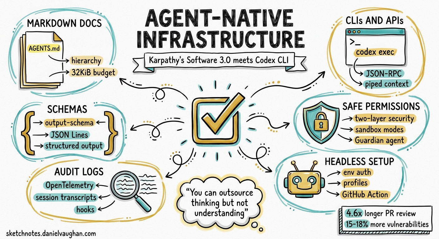 Sketchnote diagram for: Agent-Native Infrastructure: Karpathy's Software 3.0 Requirements and How Codex CLI Meets Them