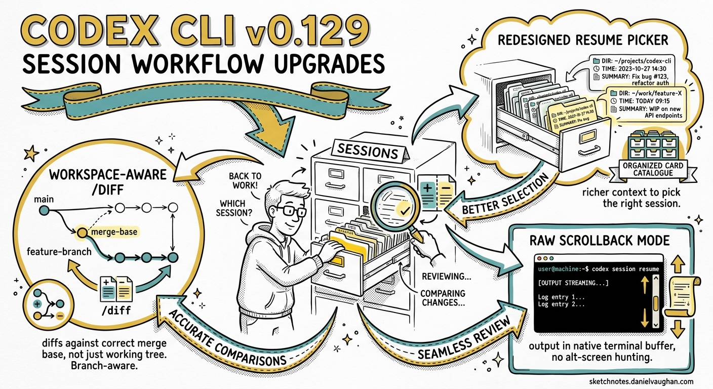 Sketchnote diagram for: Codex CLI v0.129 Session Workflow Upgrades: The Redesigned Resume Picker, Raw Scrollback, and Workspace-Aware /diff