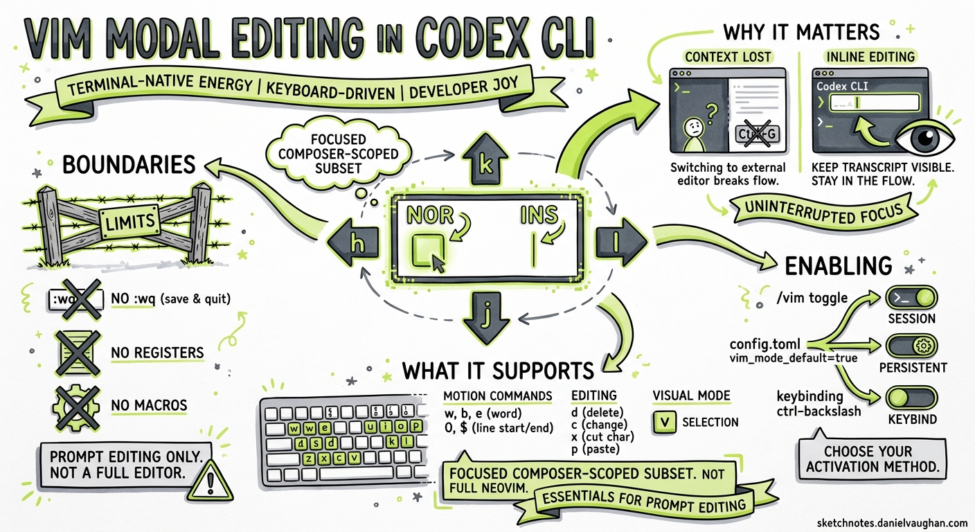 Sketchnote diagram for: Vim Modal Editing in the Codex CLI Composer: Configuration, Keymaps, and Terminal-Native Workflows