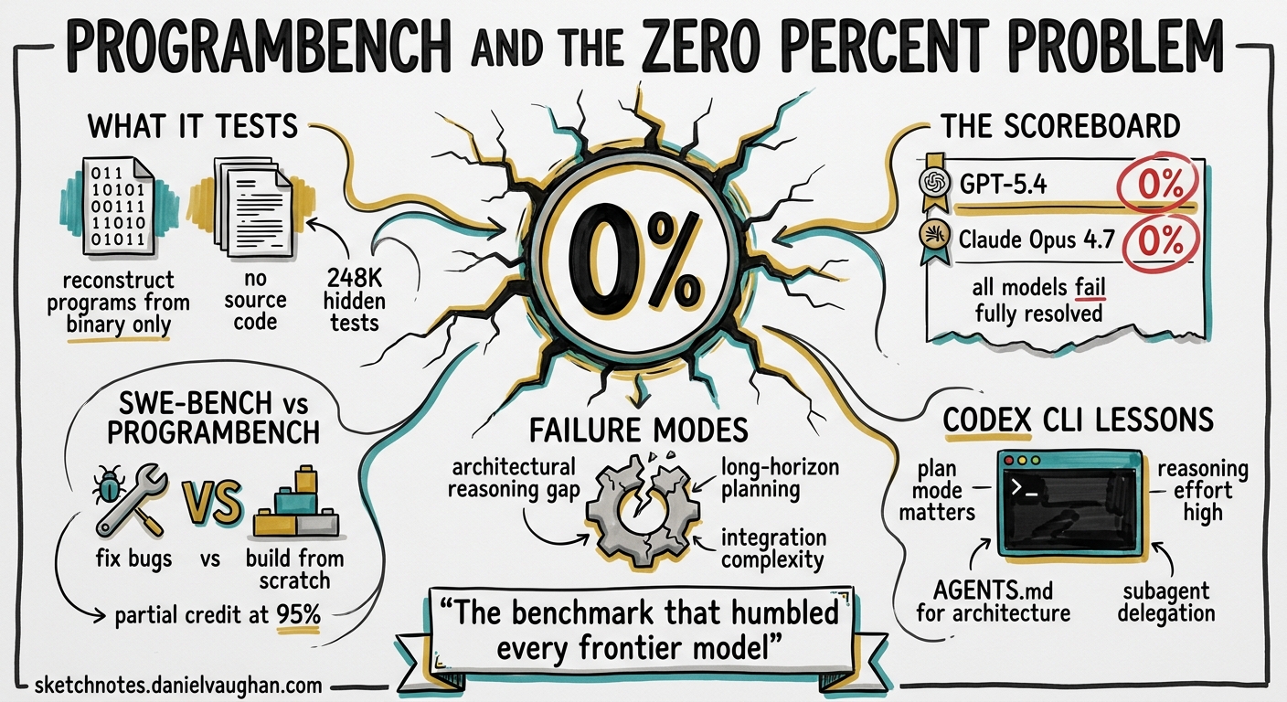 Sketchnote diagram for: ProgramBench and the Zero-Percent Problem: What a Cleanroom Benchmark Reveals About Architectural Reasoning in Codex CLI