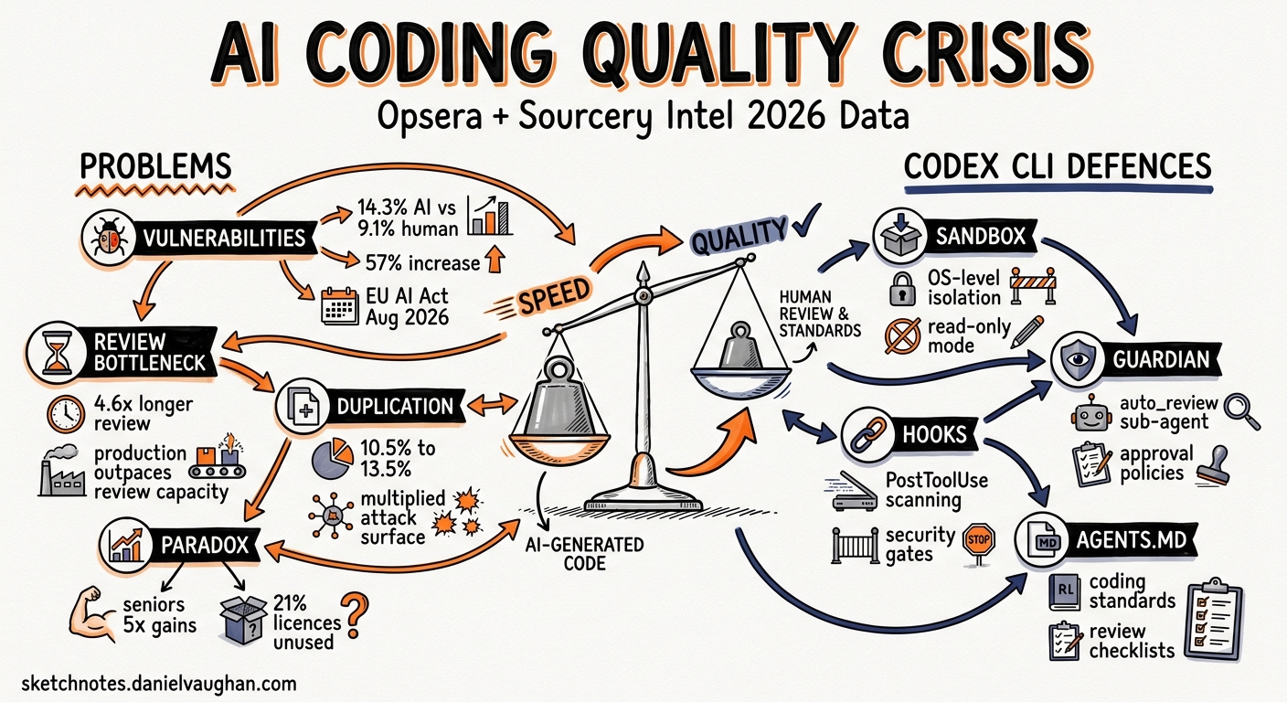 Sketchnote diagram for: The AI Coding Agent Quality Crisis: What the Opsera and Sourcery Intel 2026 Reports Reveal — and How to Configure Codex CLI to Stay Ahead of the Data