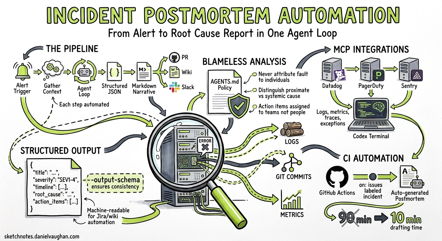 Sketchnote diagram for: Codex CLI for Incident Postmortem Automation: From Alert to Structured Root Cause Report in One Agent Loop