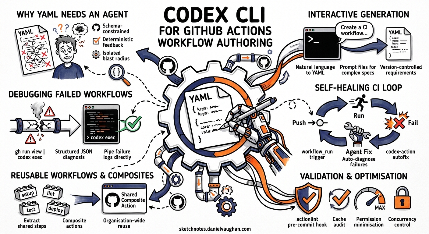 Sketchnote diagram for: Codex CLI for GitHub Actions Workflow Authoring: Agent-Assisted CI/CD Configuration, Failure Diagnosis, and Pipeline Optimisation