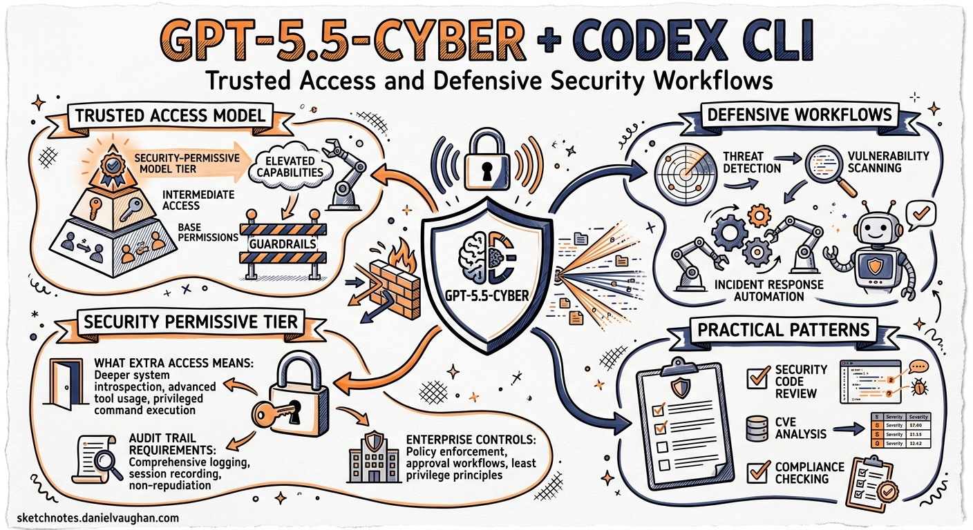 Sketchnote diagram for: GPT-5.5-Cyber and Codex CLI: Trusted Access, Defensive Workflows, and the Security-Permissive Model Tier