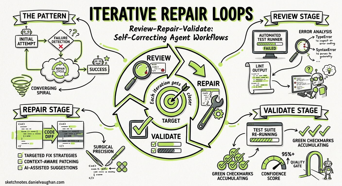Sketchnote diagram for: Iterative Repair Loops with Codex CLI: The Review-Repair-Validate Pattern for Self-Correcting Agent Workflows