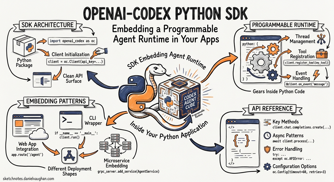 Sketchnote diagram for: The openai-codex Python SDK: Embedding a Programmable Agent Runtime in Your Python Applications