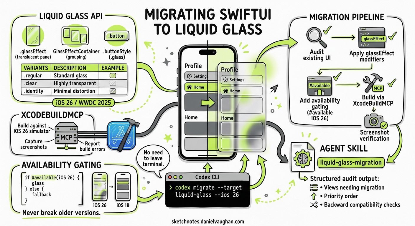 Sketchnote diagram for: Migrating SwiftUI Apps to Liquid Glass with Codex CLI: Agent Skills, XcodeBuildMCP, and iOS 26 Workflows