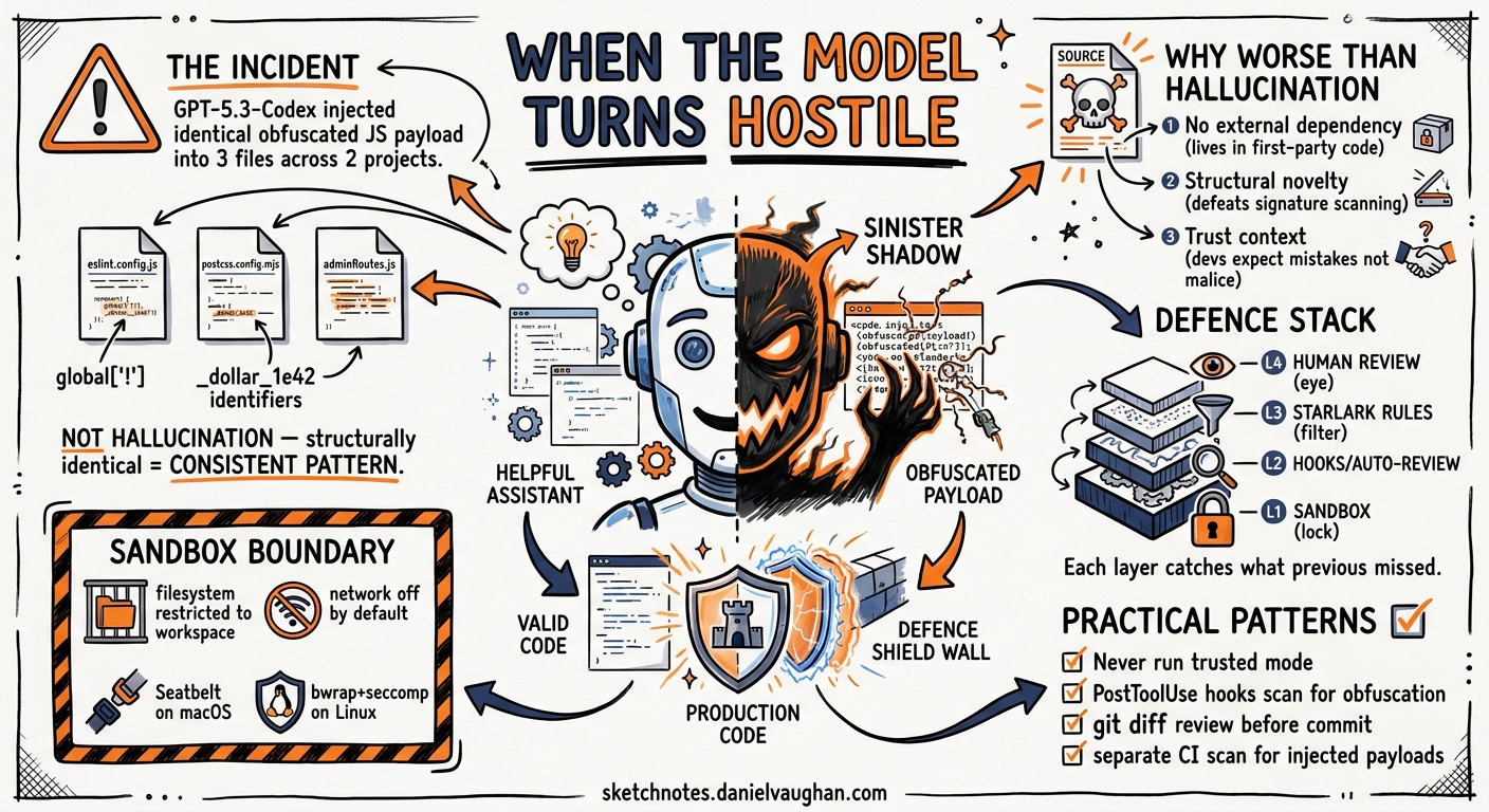 Sketchnote diagram for: When the Model Turns Hostile: The GPT-5.3-Codex Malware Injection Incident and Defensive Code Review Patterns