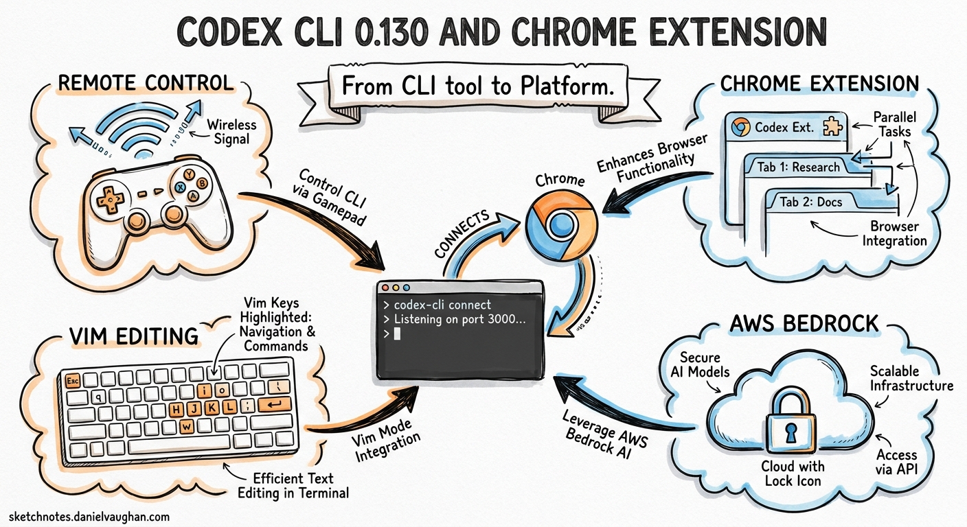 Sketchnote diagram for: Codex CLI 0.130.0 and Chrome Extension Launch