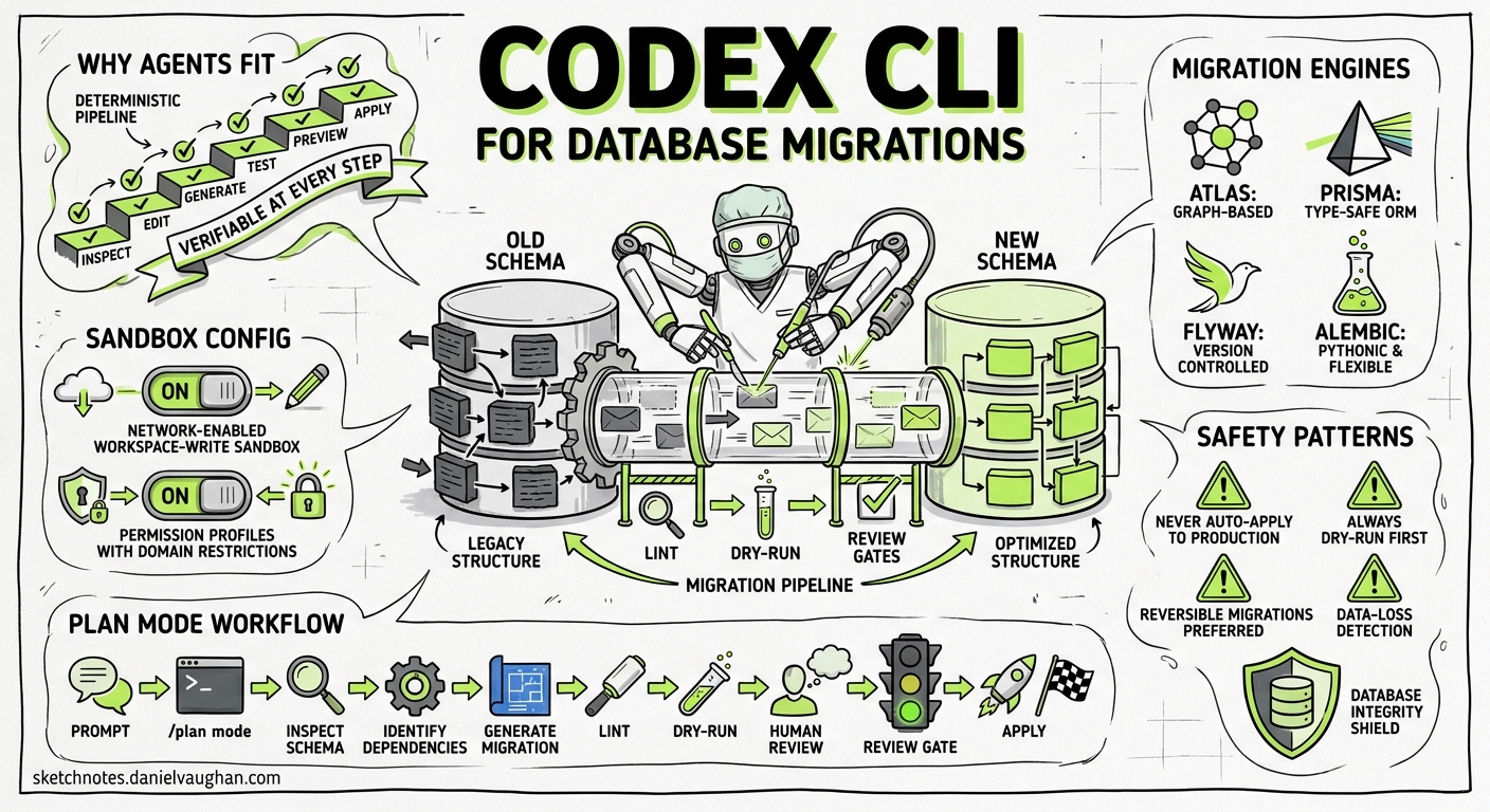 Sketchnote diagram for: Codex CLI for Database Migrations: Agent-Driven Schema Evolution with Atlas, Prisma, and Flyway