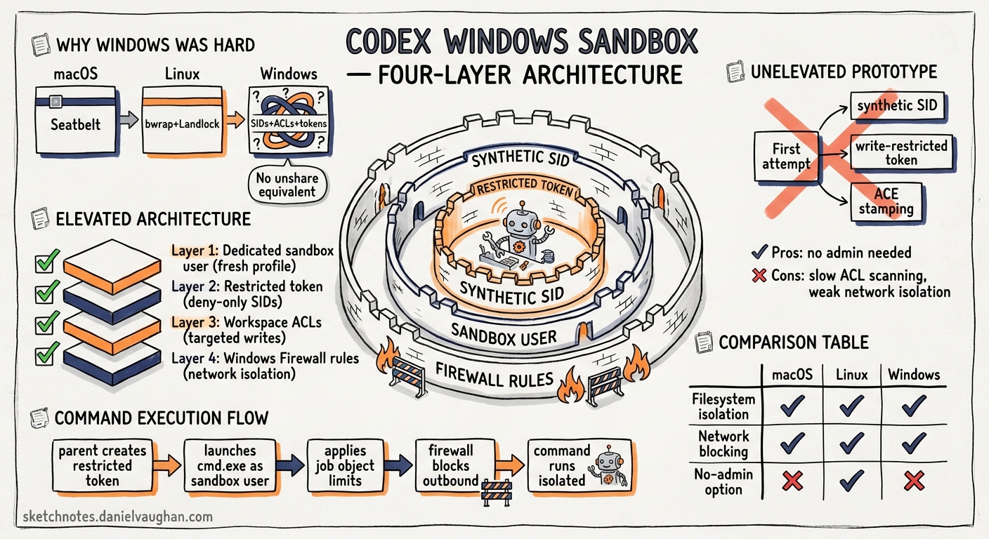Sketchnote diagram for: Inside the Codex Windows Sandbox: Restricted Tokens, Synthetic SIDs, and the Four-Layer Execution Architecture