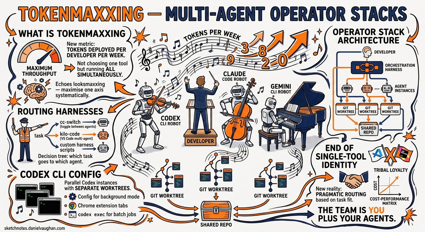 Sketchnote diagram for: Tokenmaxxing with Codex CLI: Multi-Agent Operator Stacks, Parallel Harnesses, and the End of Single-Tool Identity