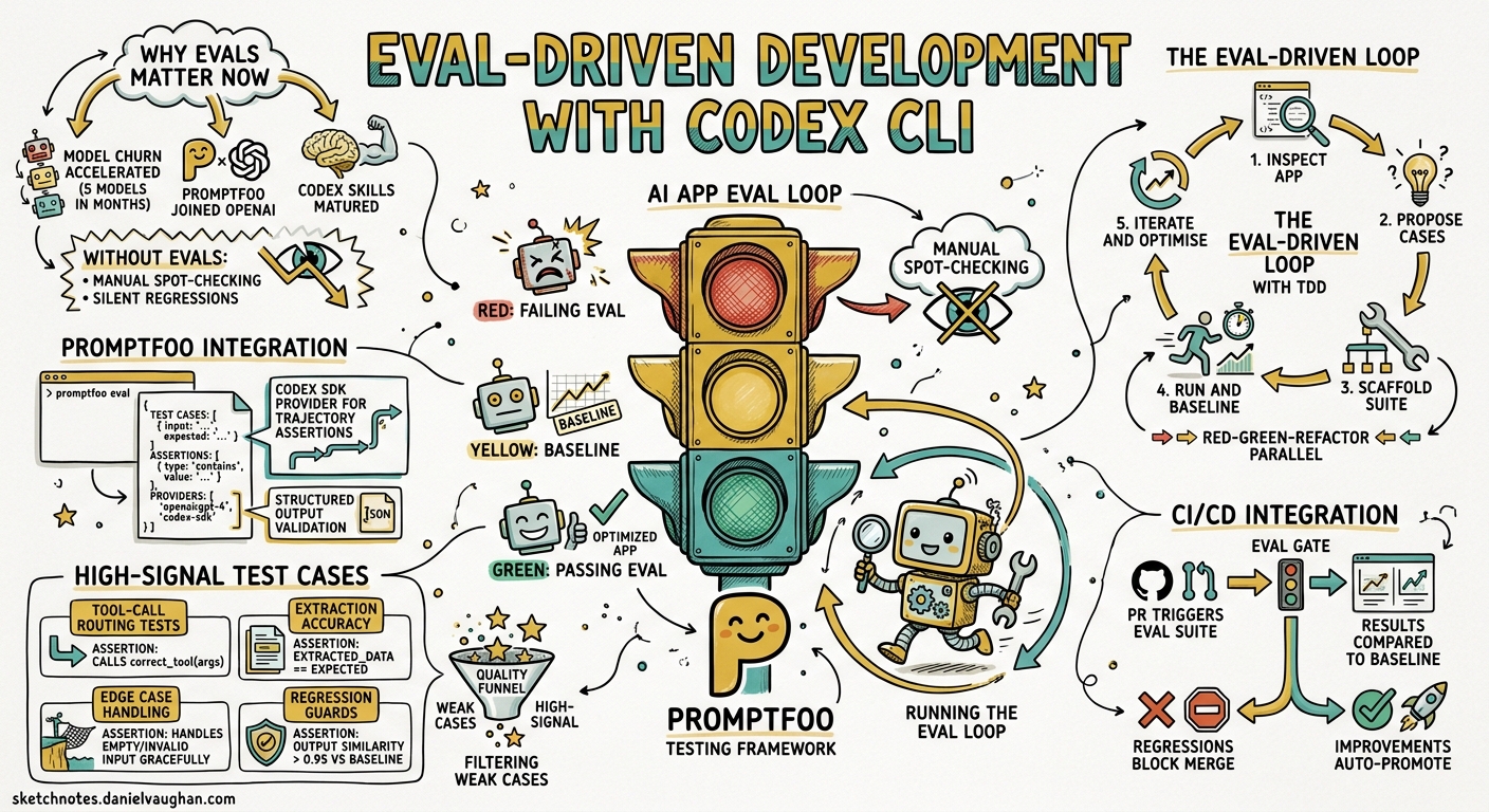 Sketchnote diagram for: Eval-Driven Development with Codex CLI: Building Promptfoo Test Suites for AI Applications