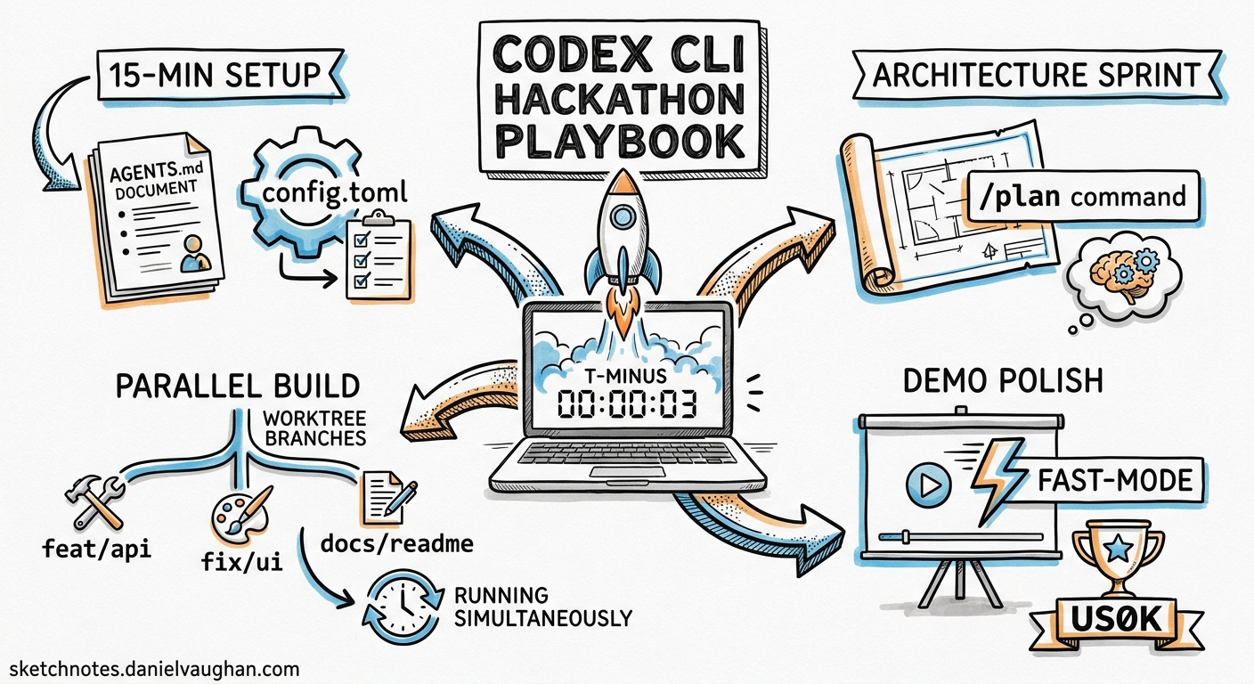 Sketchnote diagram for: The Codex CLI Hackathon Playbook: Rapid Prototyping Under Time Pressure