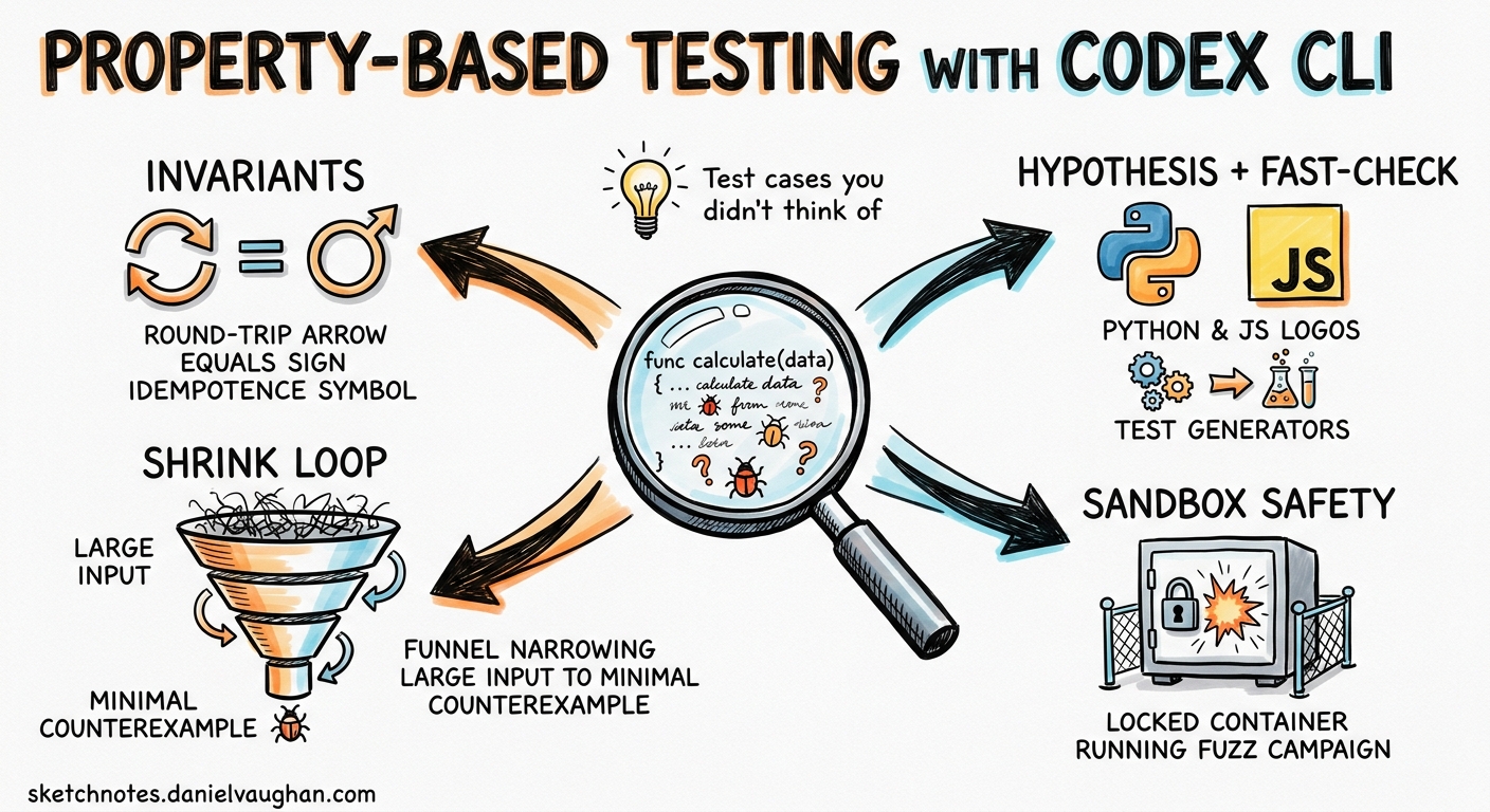 Sketchnote diagram for: Property-Based Testing and Fuzzing with Codex CLI: Agent-Driven Edge-Case Discovery Using Hypothesis and fast-check