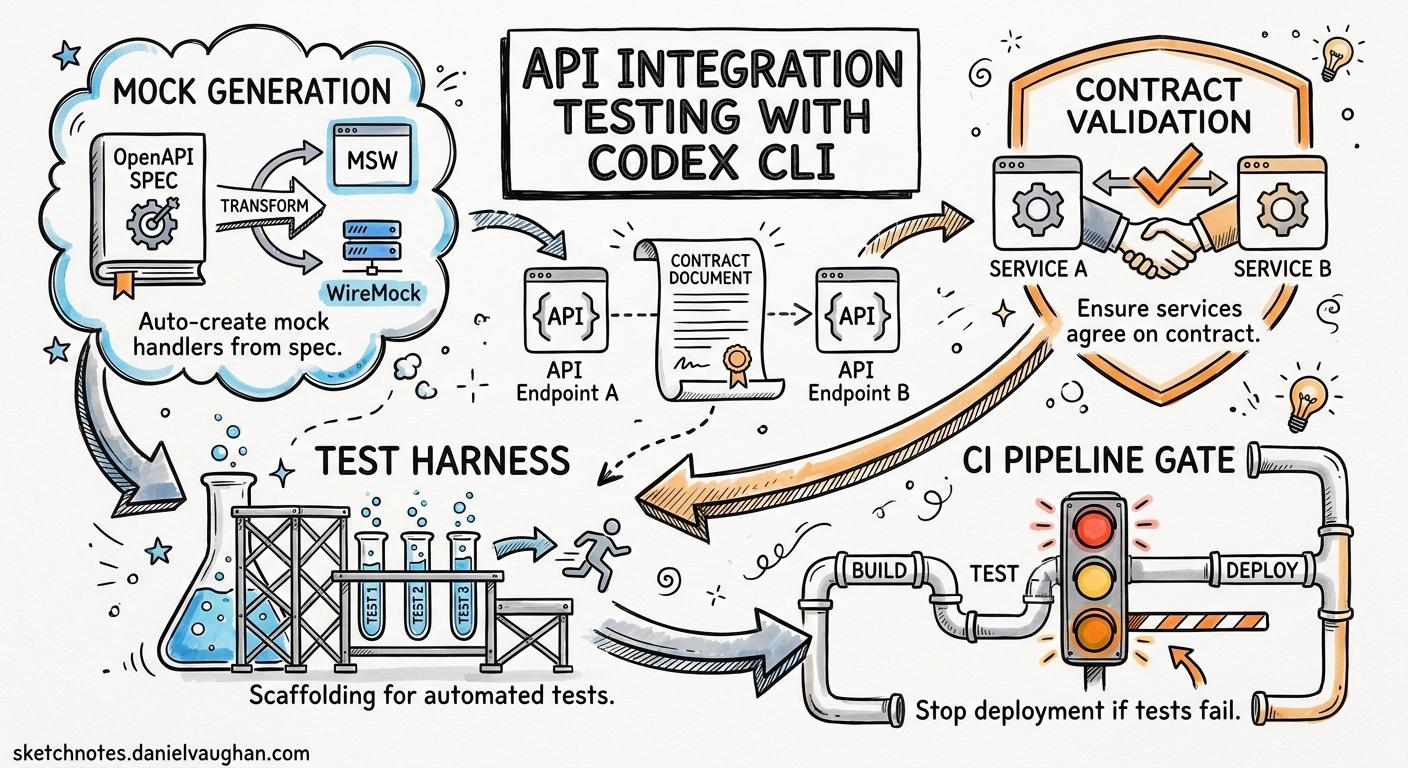 Sketchnote diagram for: Codex CLI for API Integration Testing: Agent-Driven Mock Generation, Contract Validation, and Test Harness Automation