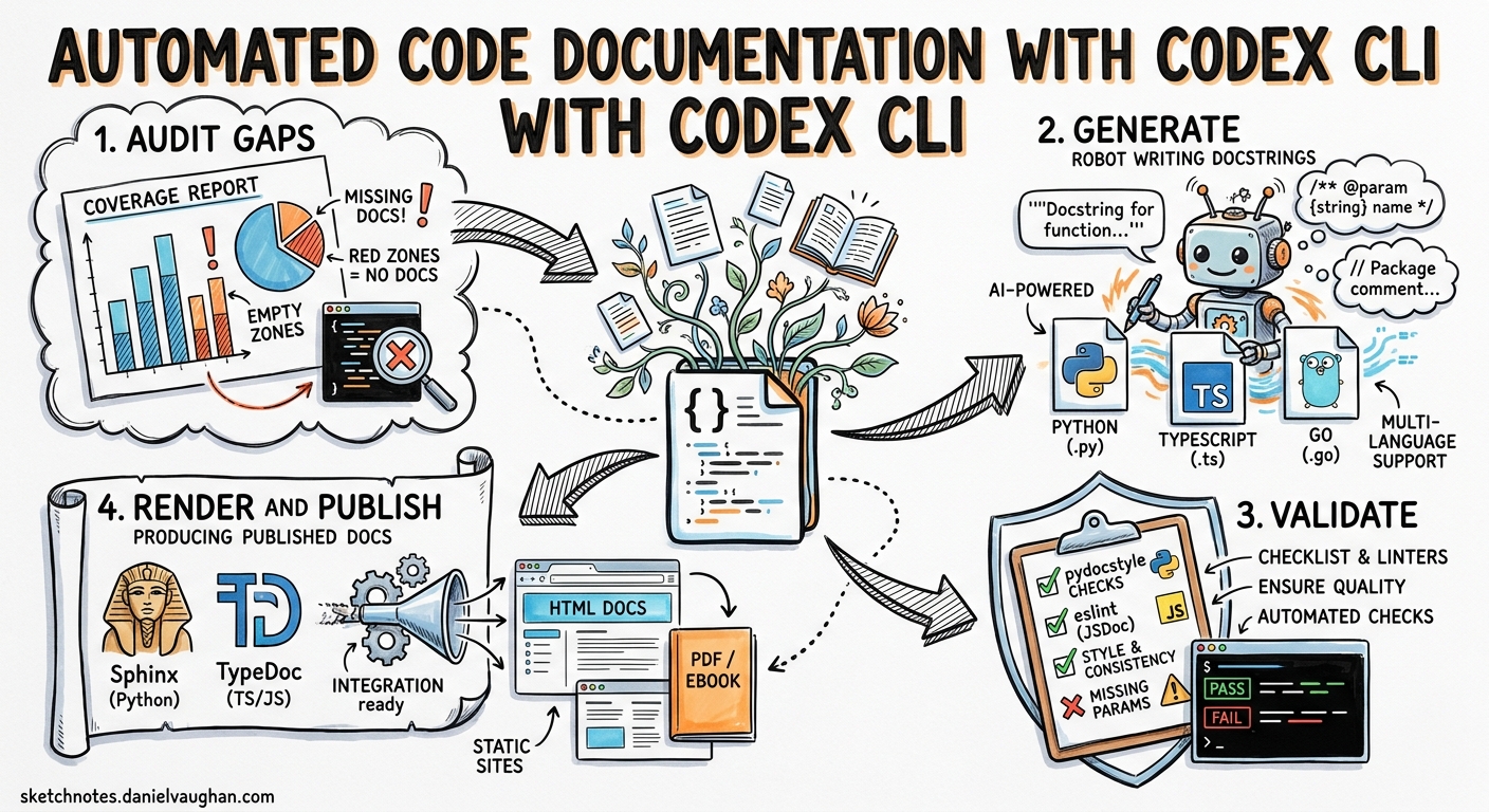 Sketchnote diagram for: Automated Code Documentation Generation with Codex CLI: Docstrings, JSDoc, and CI-Integrated Doc Pipelines
