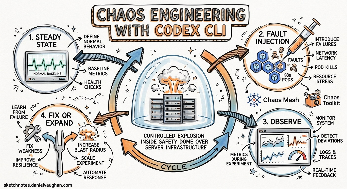 Sketchnote diagram for: Codex CLI for Chaos Engineering: Agent-Driven Experiment Generation, Fault Injection Manifests, and Resilience Validation Pipelines