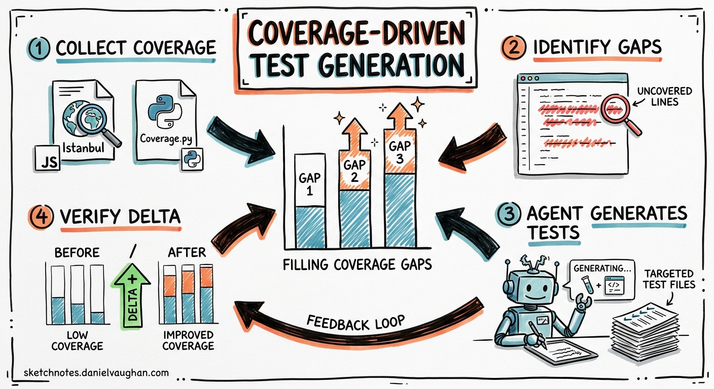 Sketchnote diagram for: Coverage-Driven Test Generation with Codex CLI: Closing Gaps Using Istanbul, Coverage.py, and Agent Workflows