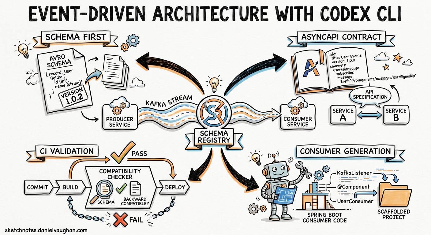 Sketchnote diagram for: Codex CLI for Event-Driven Architecture: AsyncAPI Contracts, Schema Registry Workflows, and Consumer Generation