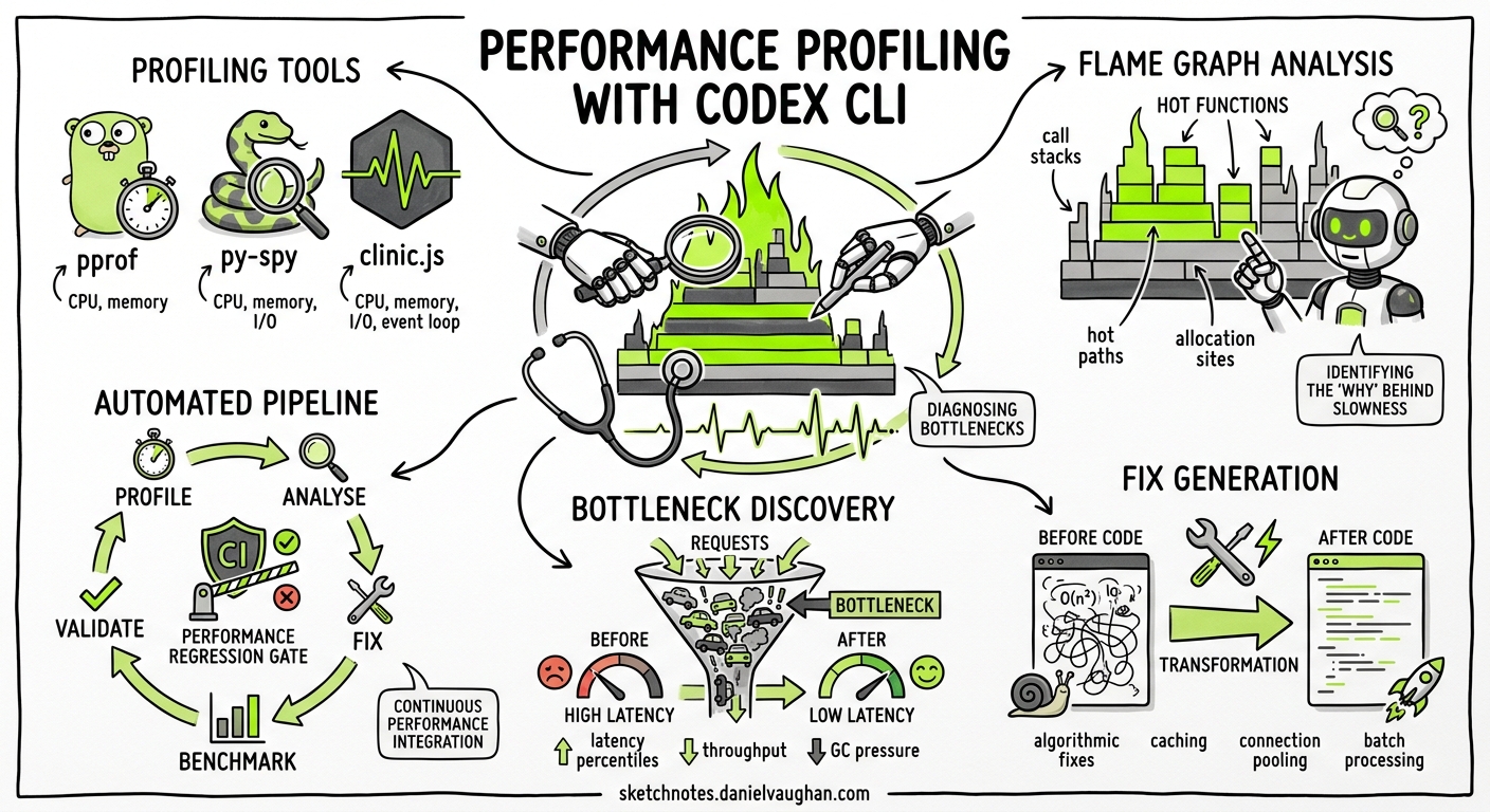 Sketchnote diagram for: Codex CLI for Performance Profiling and Optimisation: Agent-Driven Bottleneck Discovery, pprof Analysis, and Automated Fix Generation