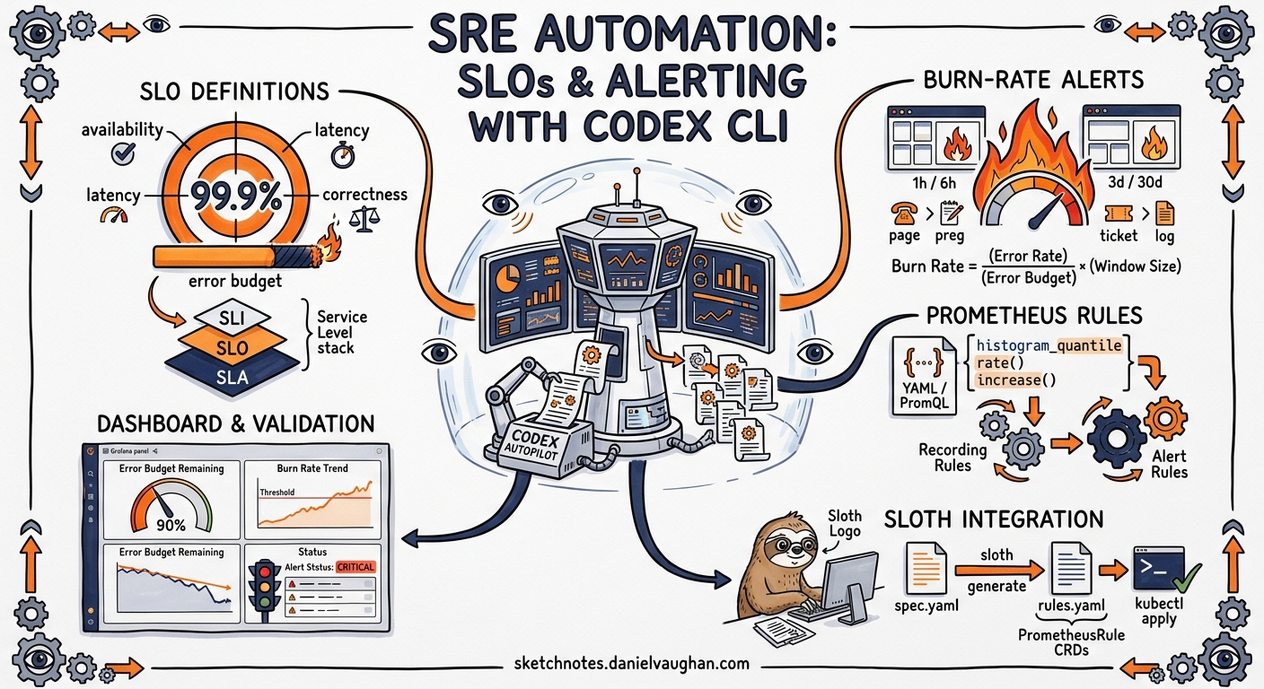 Sketchnote diagram for: Codex CLI for SRE Automation: Generating SLO Definitions, Prometheus Alerting Rules, and Burn-Rate Policies