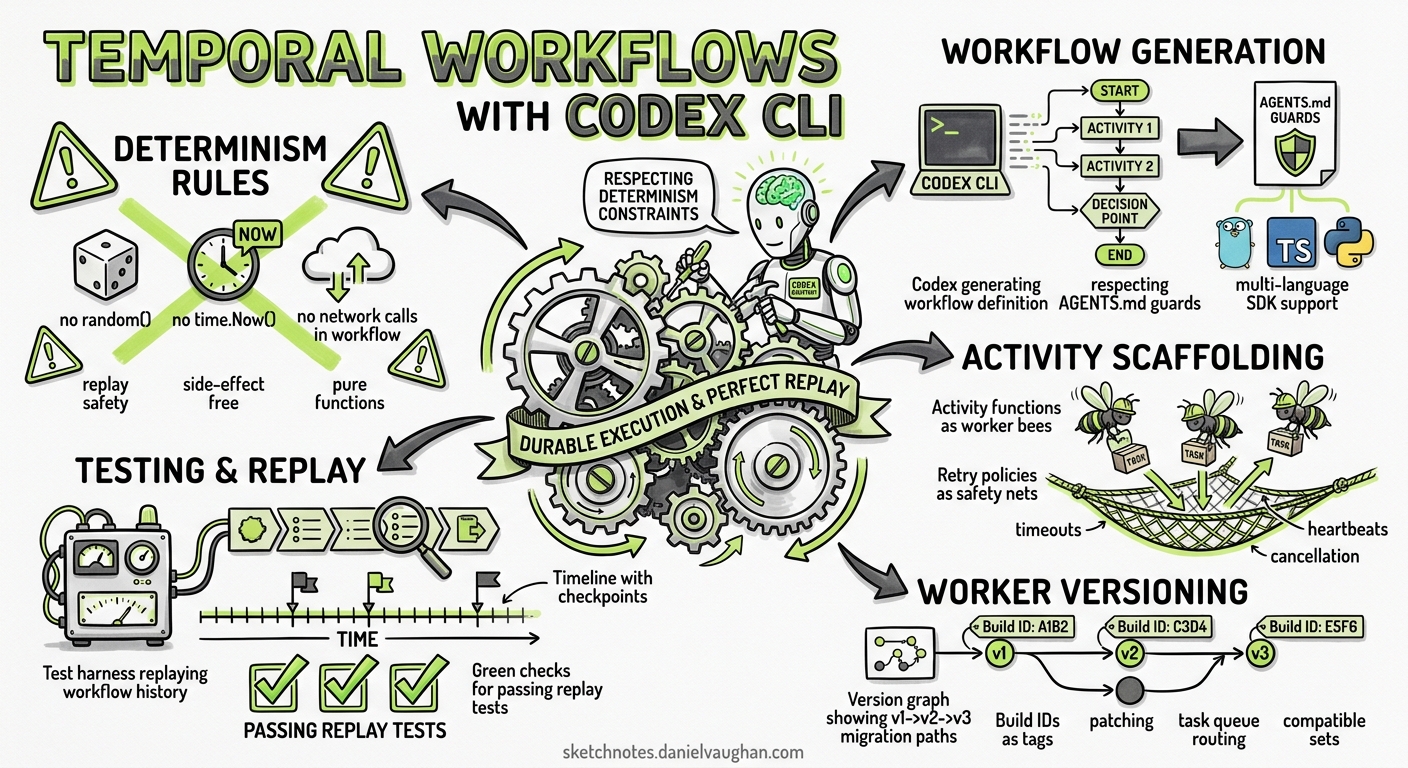 Sketchnote diagram for: Codex CLI for Temporal Workflow Development: Deterministic Workflow Generation, Activity Scaffolding, and Worker Versioning
