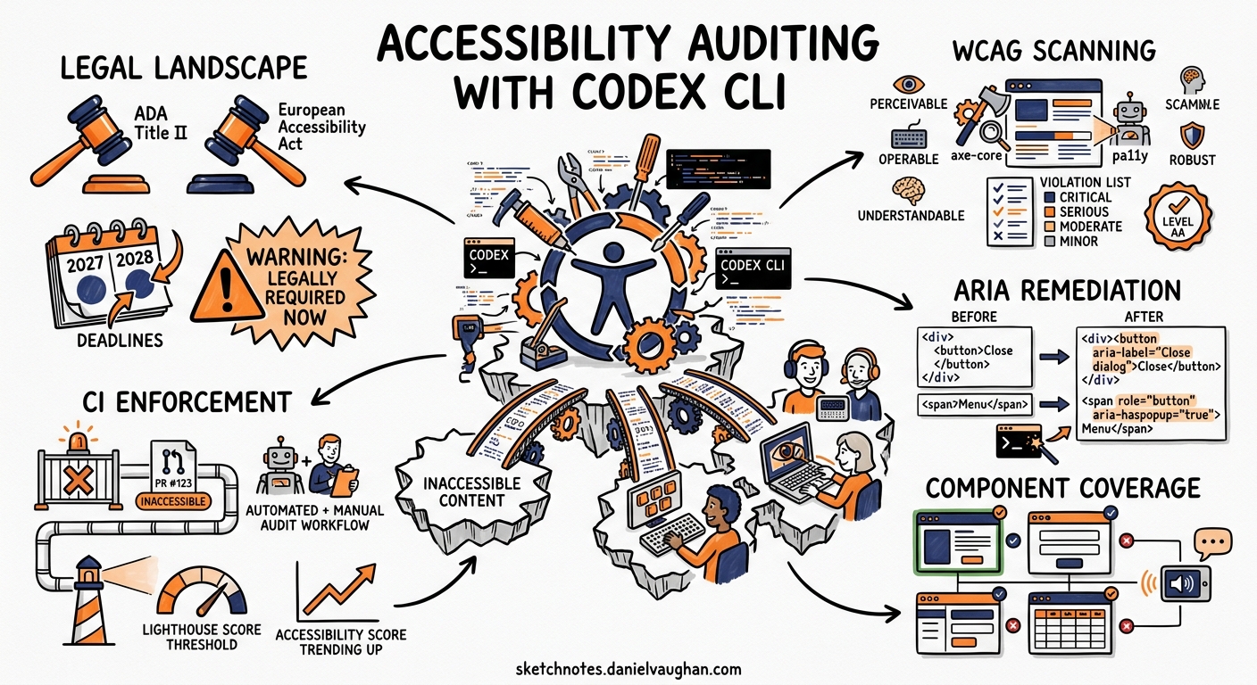 Sketchnote diagram for: Codex CLI for Accessibility Auditing: WCAG Compliance Scanning, ARIA Remediation, and CI Enforcement Pipelines