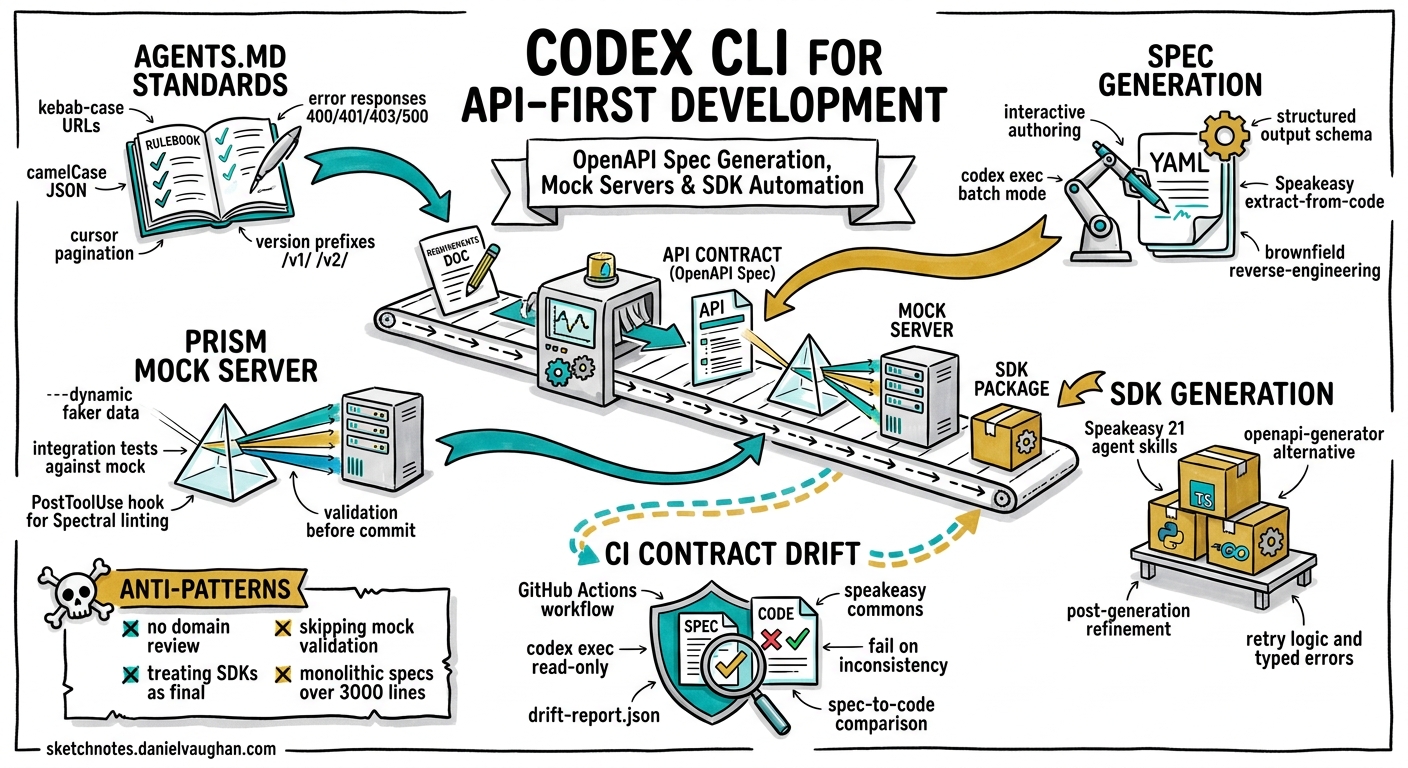 Sketchnote diagram for: Codex CLI for API-First Development: OpenAPI Spec Generation, Mock Servers, and Client SDK Automation